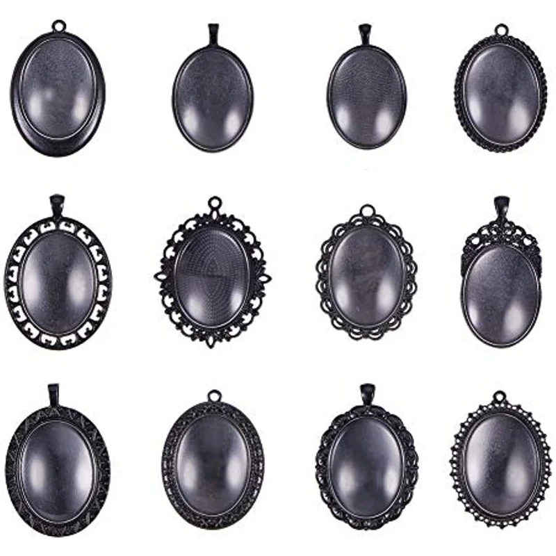 24pcs 30x40mm Black Oval Alloy Blank Bezel Pendant Trays Settings and Transparent Glass Cabochon Memorial Photo Pendant DIY