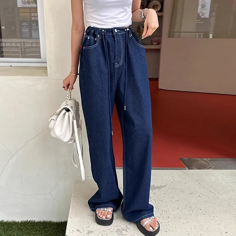 Streetwear Straight Jeans Women Drawstring Dark Blue High Waisted Soft Denim Pants Lady Korean Fashion Vintage Y2k Jeans Chic