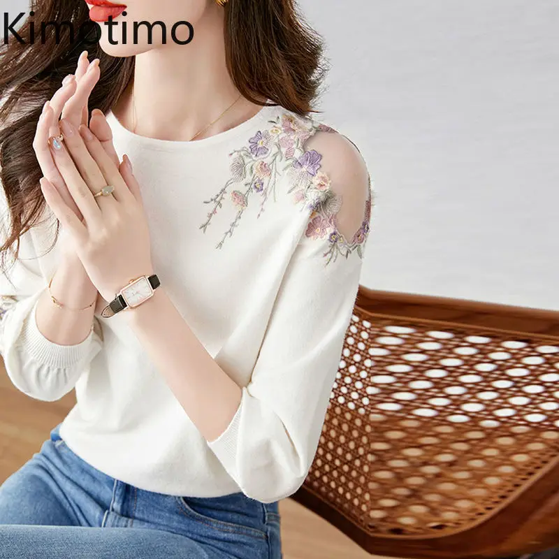 

Kimotimo Retro Hollow Out Mesh Embroidery Flower Knitted Pullover Women 2025 Autumn Round Neck Slim Long Sleeve Cropped Sweater