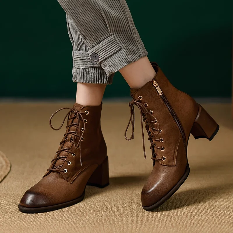 

Women Ankle Boots Elegant Winter Shoes Genuine Leather Thick High Heels Spring Autumn Shoes Round Toe Women Short Boots