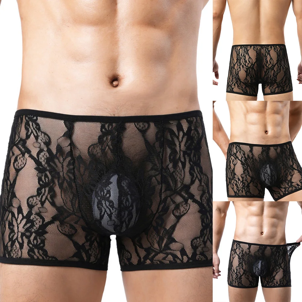 

Men Perspective Exquisite Femboy Lace Boxer Shorts Ultra-Thin Underwear Mesh Low Rise See Through Summer Men's Panties Trunk