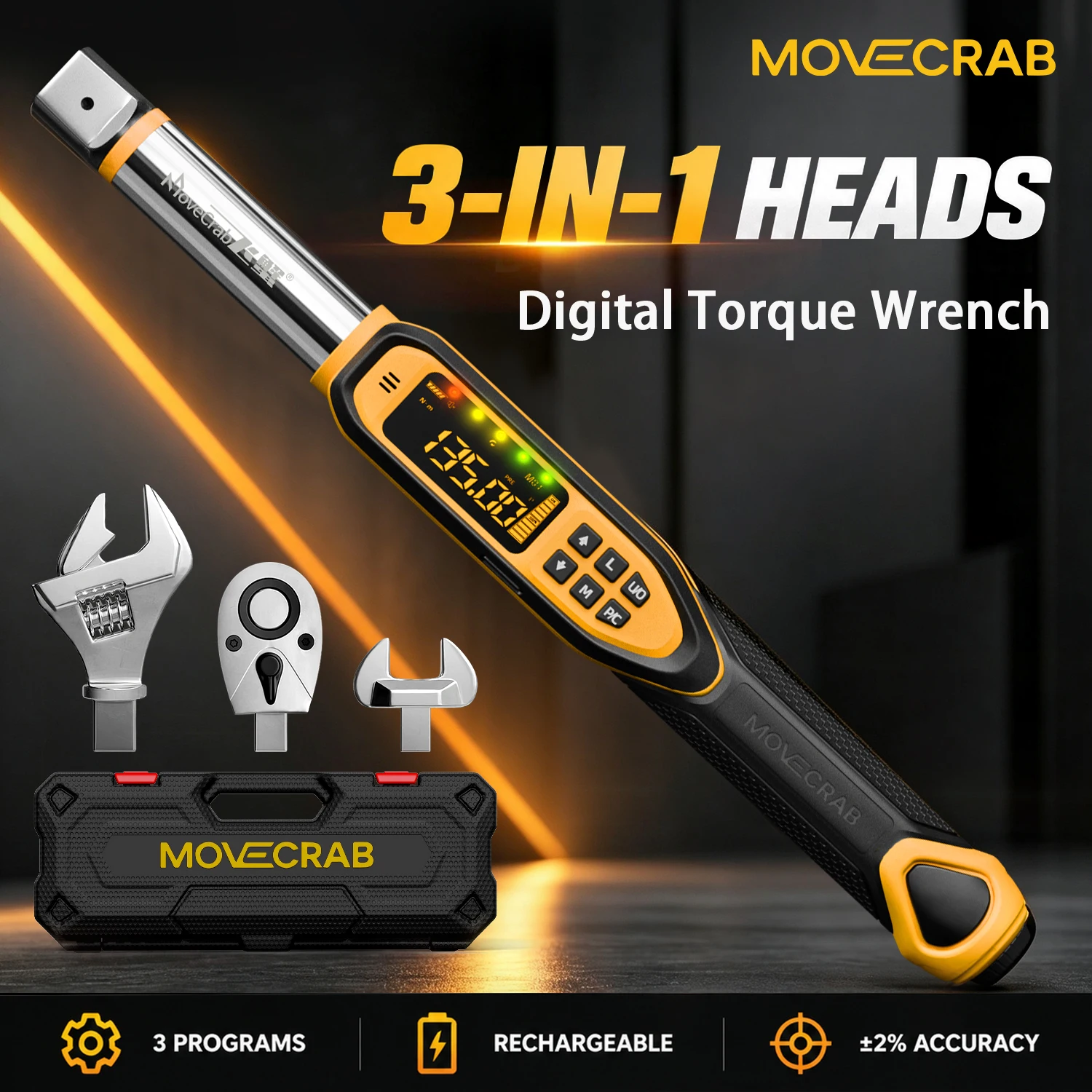 MoveCrab 3-in-1 Interchangeable Head Digital Torque Wrench ±2% Accuracy, Ratchet Flex Open Head for Automotive HVAC Repair