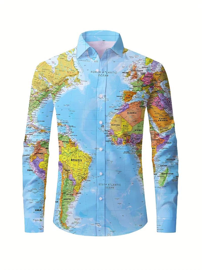 Chemise à motif imprimé en 3D pour hommes, chemise à manches longues et à simple boutonnage avec motif de carte de créateur de mode