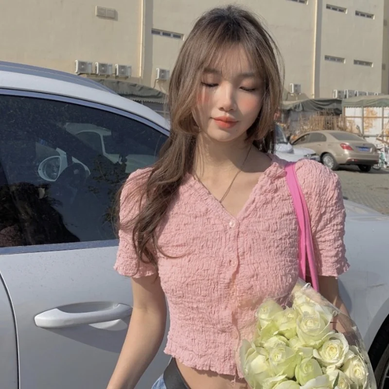 

Sweet Spicy Girl Pink Short Top Women's Design Sensation Summer Pure Desire Elegant High Waist Crop Top V-neck Lace Blouse