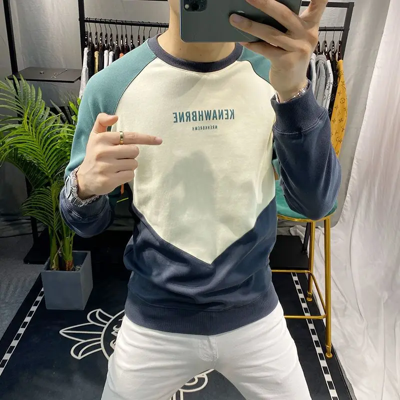 Spring Men Fashion Simplicity Trend Color Blocking Sweater Round Neck Slim Patchwork Long Sleeves Affordable All-match T-shirt