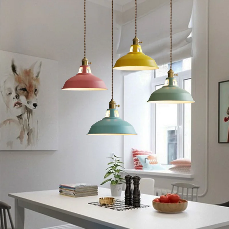 Iron Pendant Light dia 26cm Colorful Restaurant Kitchen Home Ceiling Lamp Vintage Hanging Light Lampshade Room Decorative Lamps