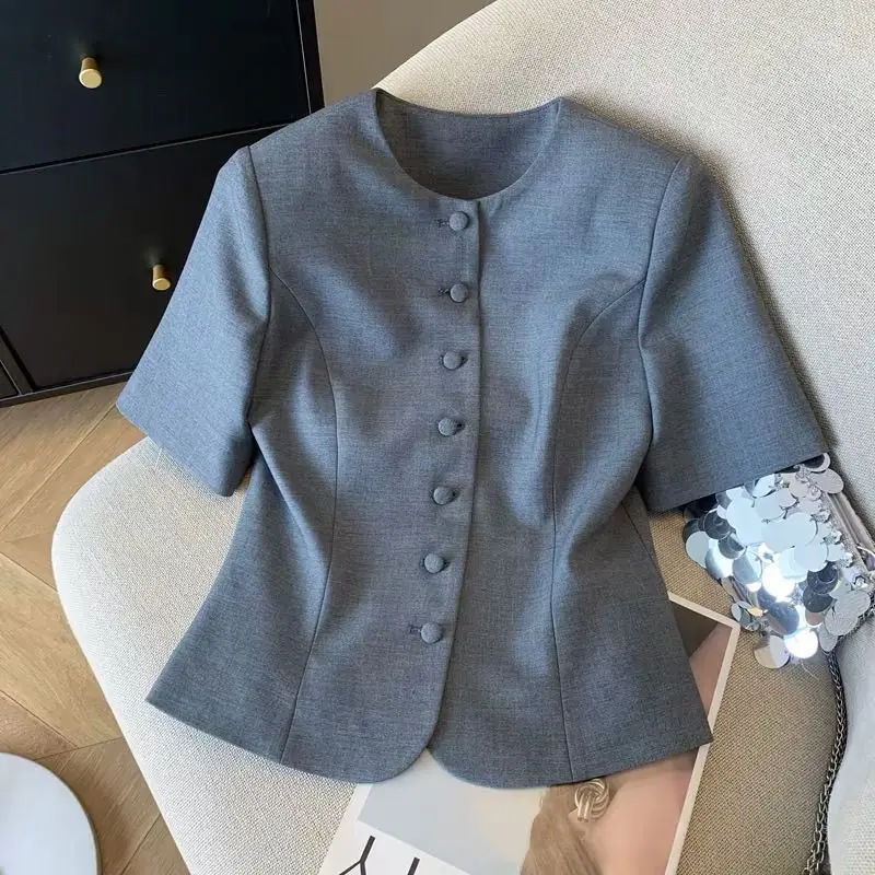 

European Station Fashion Age Reduction Suit Women's 2026 Summer New Solid Color Single-breasted Short Sleeve Jacket