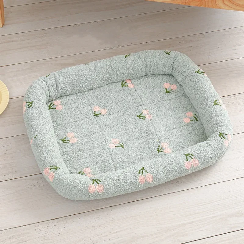 Universal Kennel Cloud Velvet Cherry Print Pet Cushion Heavy Small Dog Cat Comfortable Sleep  Bed Dog Supplies Dog bed Gift