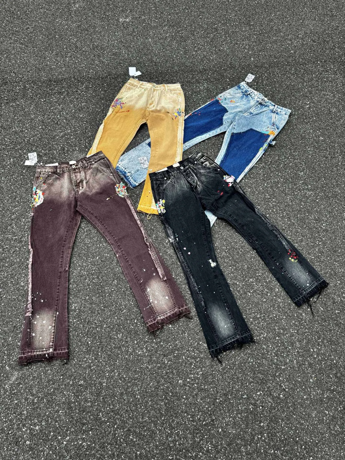 

2025 Top Quality GPT Retro Distressed Soiled Ink-splashed Flared Jeans Men Casual Staight Washed Jeans Denim Pants Trousers