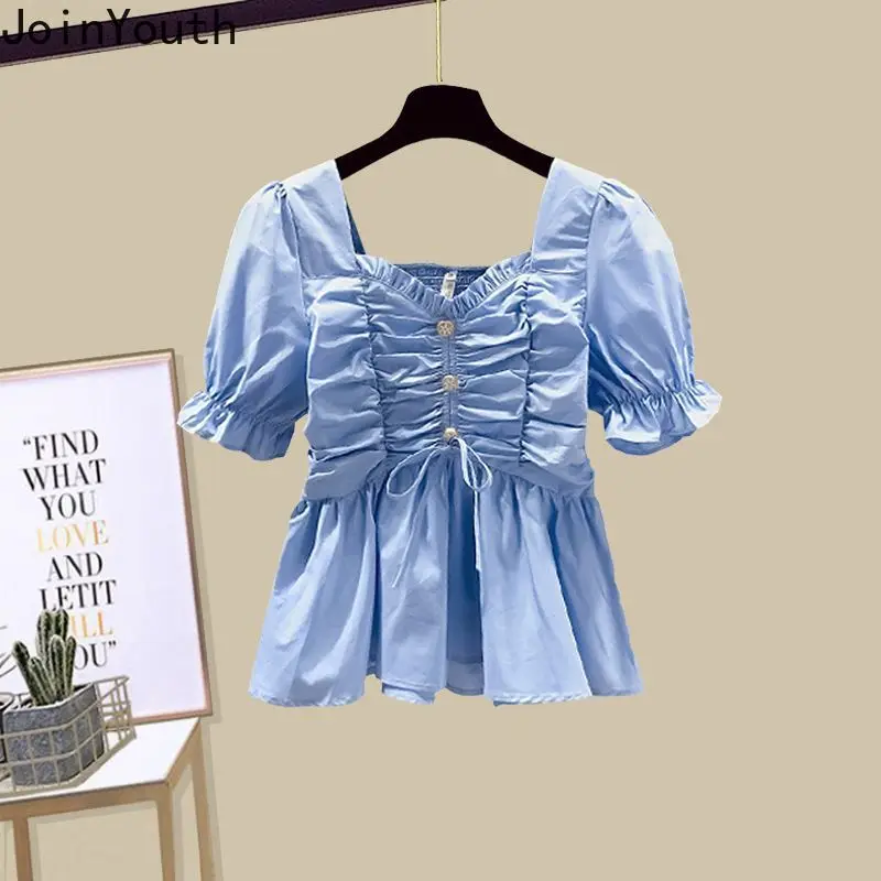 Fashion Summer Clothing Puff Sleeve Folds White Blouses High Waist Beading Bodycon Denim Skirt Outftis Korean Casual Y2k Suit