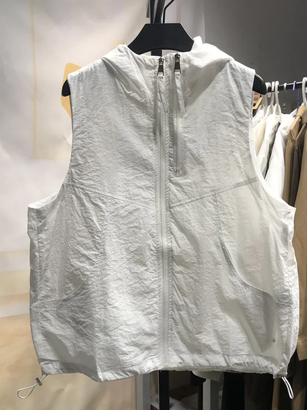 カジュアルなフード付きノースリーブベスト速乾性ダブルジッパートレンディな夏の新着女性のタンクトップアウター通気性
