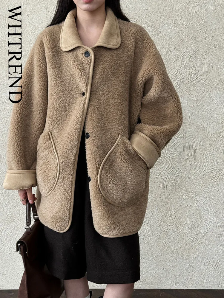 

WHTREND осень-зима высококачественная утолщенная дубленка для женщин новая прямая куртка из овечьей шерсти пальто с карманами WH2132