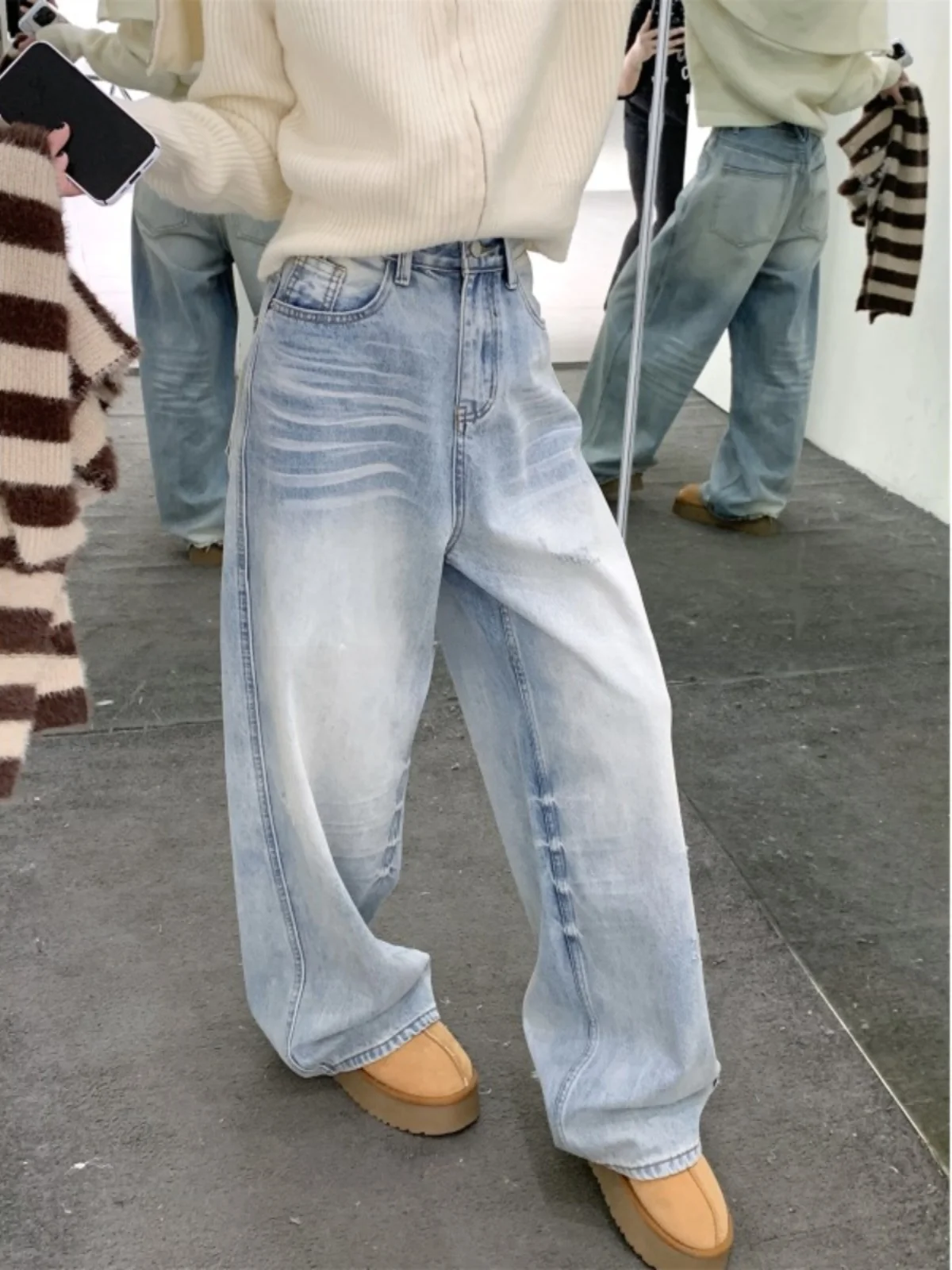 Light Blue Loose Wide Leg Jeans Women Summer 2024 New High Waist Mop Temperament Retro Fried Street Long Pants