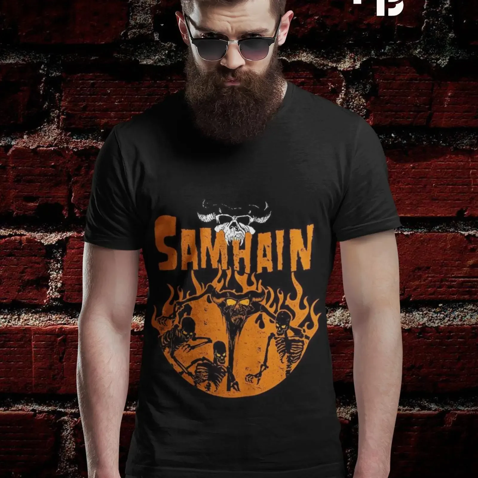 Men's Black Samhain T Shirt Fiery Skull Skeleton Devil Gothic Halloween Casual  vintage Washed Versatile streetwear Soft