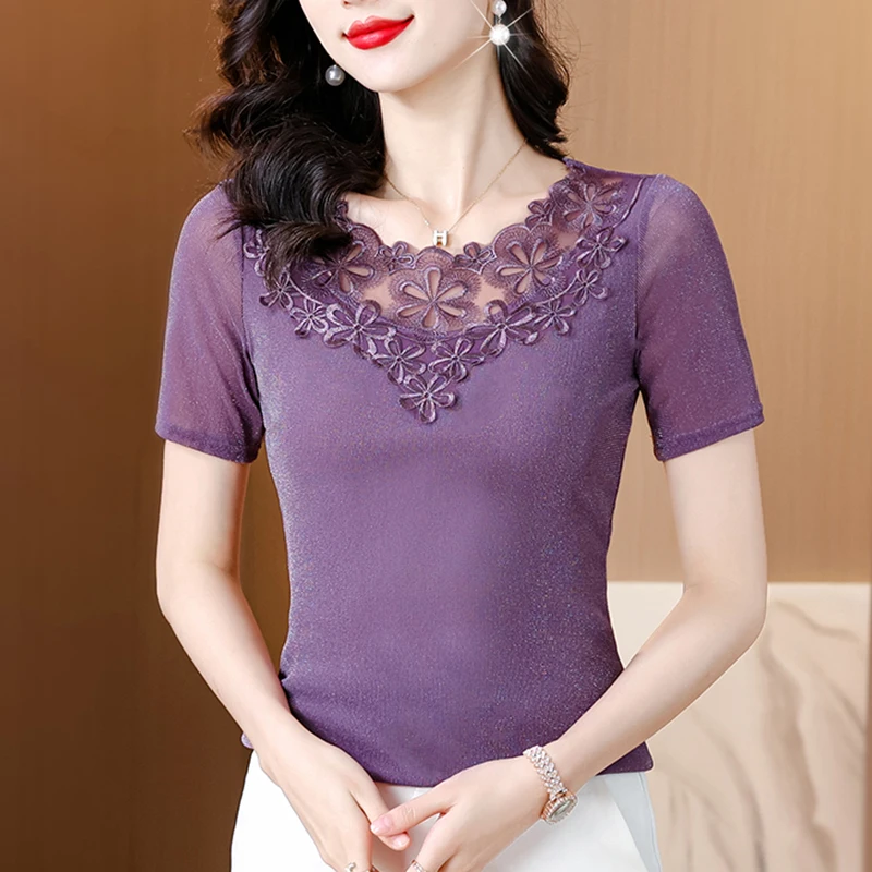 

New 2025 Summer Short Sleeved O-Neck Women's T-Shirt Elegant Slim Sexy Hollow Out Embroidery Lace Tops