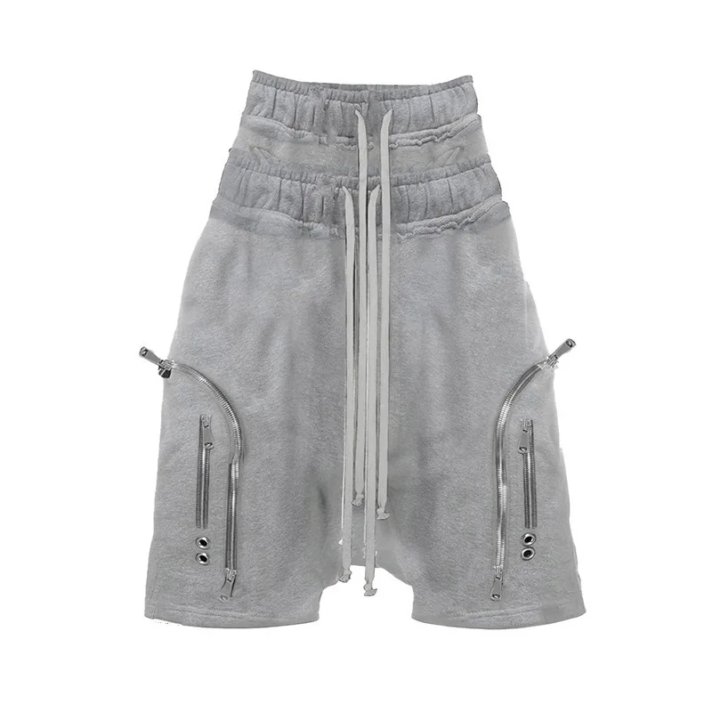 American retro personality street trend ins style double pants design solid color shorts unisex zipper decorative shorts.