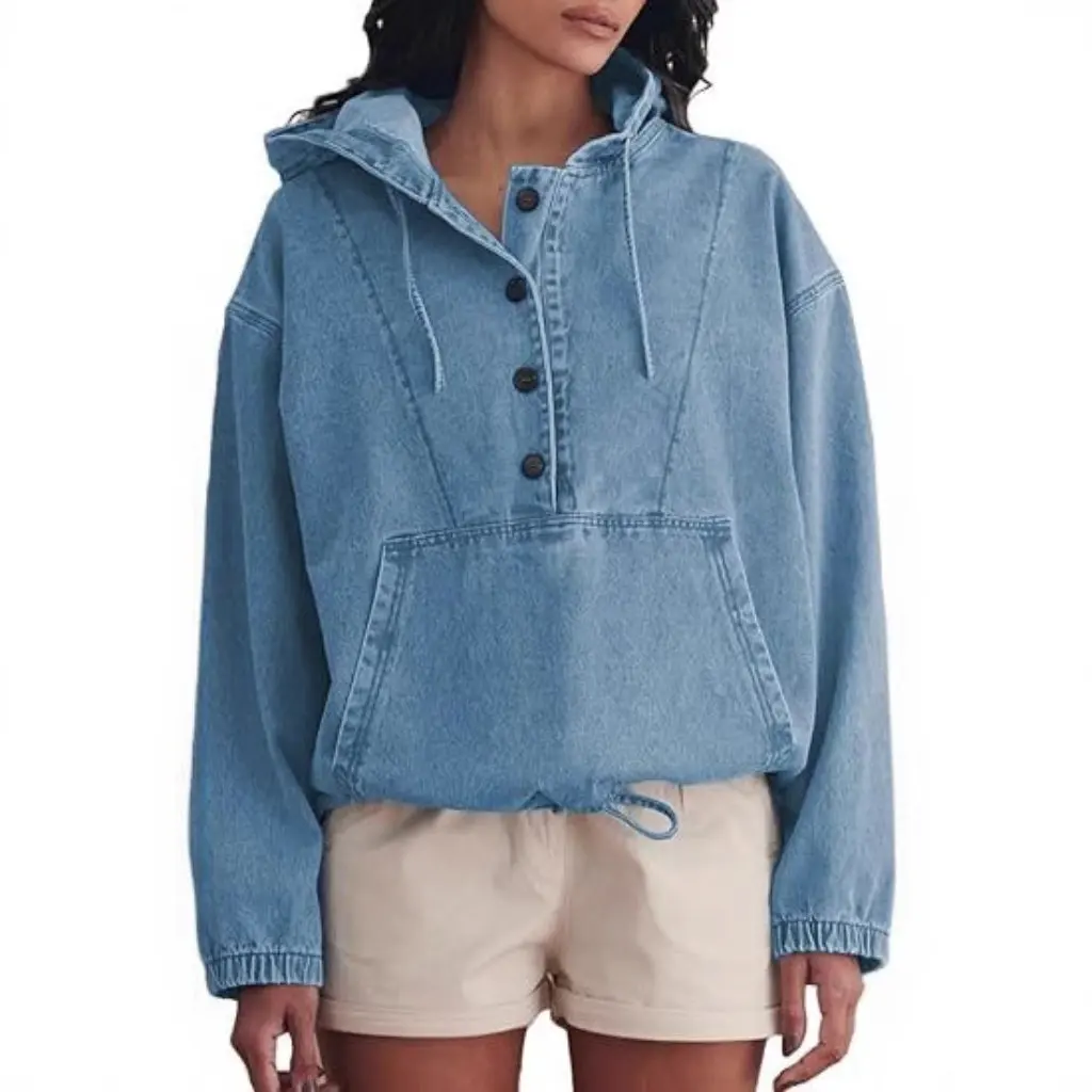 Moda feminina denim jaqueta com capuz abotoado pulôver moletom topo estilo europeu americano na moda outerwear para senhoras