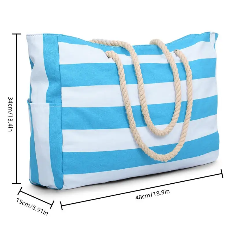 Grand sac de voyage rayé pour femmes, sac à main de plage à fermeture éclair, sac de piscine de sable, grand sac à main