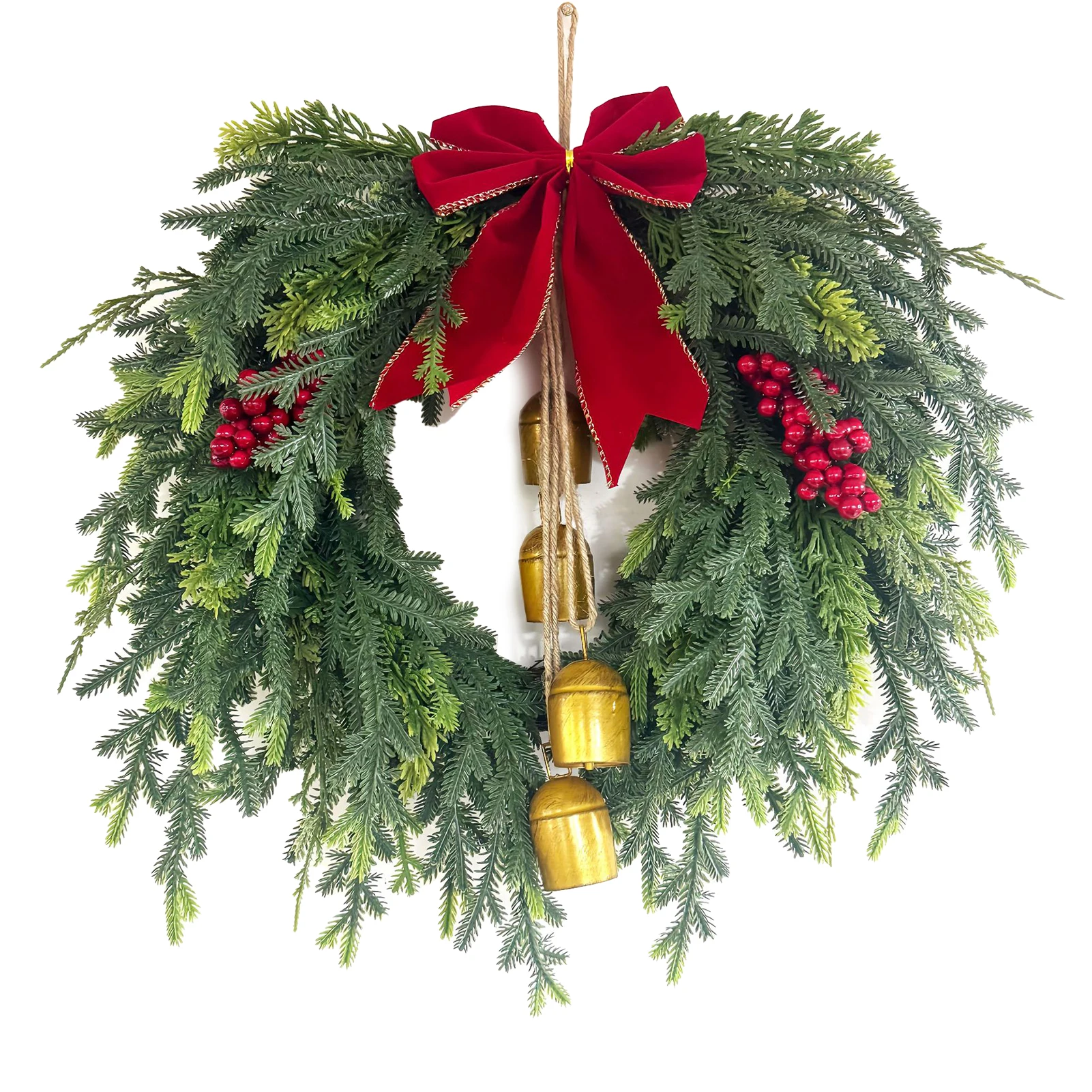 

40/50cm Red Christmas Bow Wreath Realistic PVC Bow Bell Red Fruit Christmas Wreath Window Door Wall Window Ornament Decorations