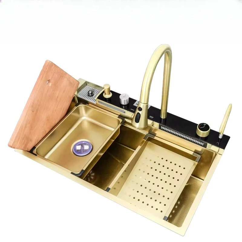 Kitchen sink Large single slot Integrated LCD screen Copper faucet Stainless steel vegetable sink