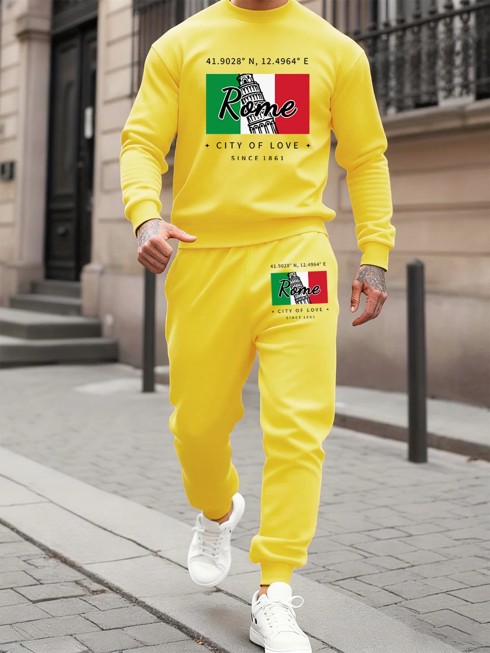 

2 Pcs Hoodies Set Mens Rome City Of Love Prints Sweatpants Autumn Crewneck Loose Sweatshirt Jogging Pants Casual Fleece Clothes
