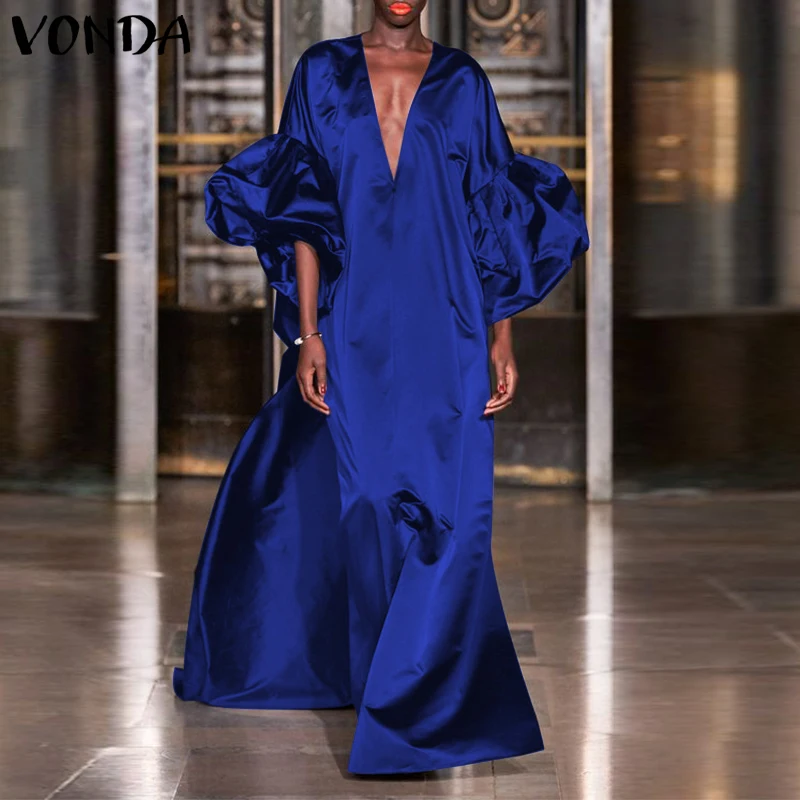 

Plus Size 5XL VONDA Women Elegant Evening Party Dress Spring Autumn Lantern Sleeve Solid Satin Sundress Casual V-Neck Maxi Robe