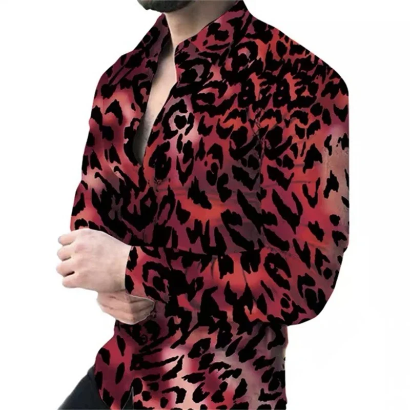 The new summer men\'s casual 3D printed leopard print long-sleeved slim-fit lapel shirt plus size XS-6XL