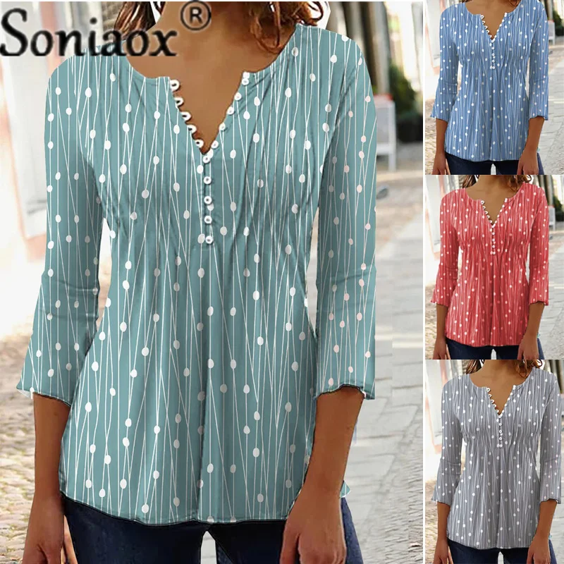 Modische Elegante Polka-Dot-Bluse für Damen, Neues Herbst-Oberteil mit Langen Ärmeln, Knöpfen und V-Ausschnitt, Lässiger Büro-Pullover – Detail 2