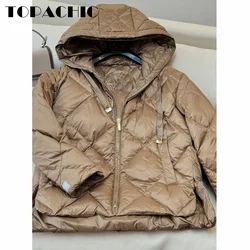 8.29 TOPACHIC-Women Fashion Casual White Goose Down Short Jacket Argyle Plaid Quilted Hooded Long Sleeve Loose Down Outerwear