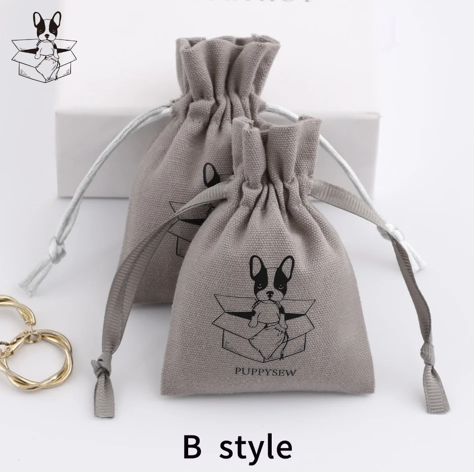 50 pcs Light grey color high quality canvas bag double drawstring bag printing custom jewelry packaging dust bag free shipping