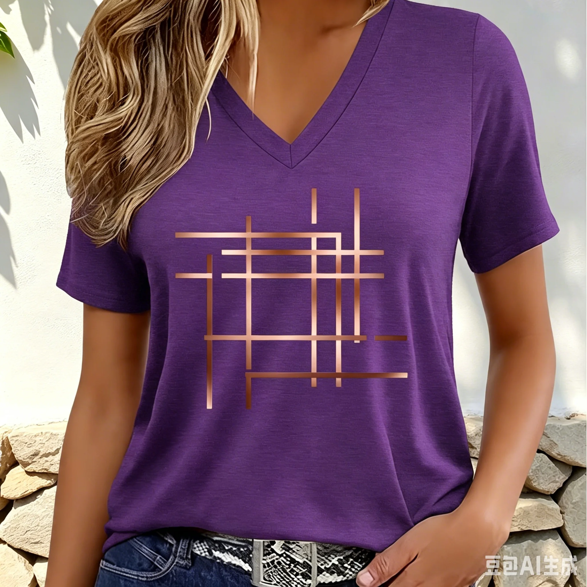 Summer Women's Casual and Comfortable Outdoor V-neck Short Sleeved T-shirt With Abstract Geometric Flowers or Grid Patterns Top