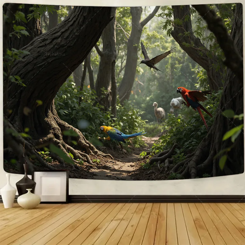 

1pc Wall Tapestry "Enchanted Forest Tapestry with Vibrant Parrots and Majestic Trees"