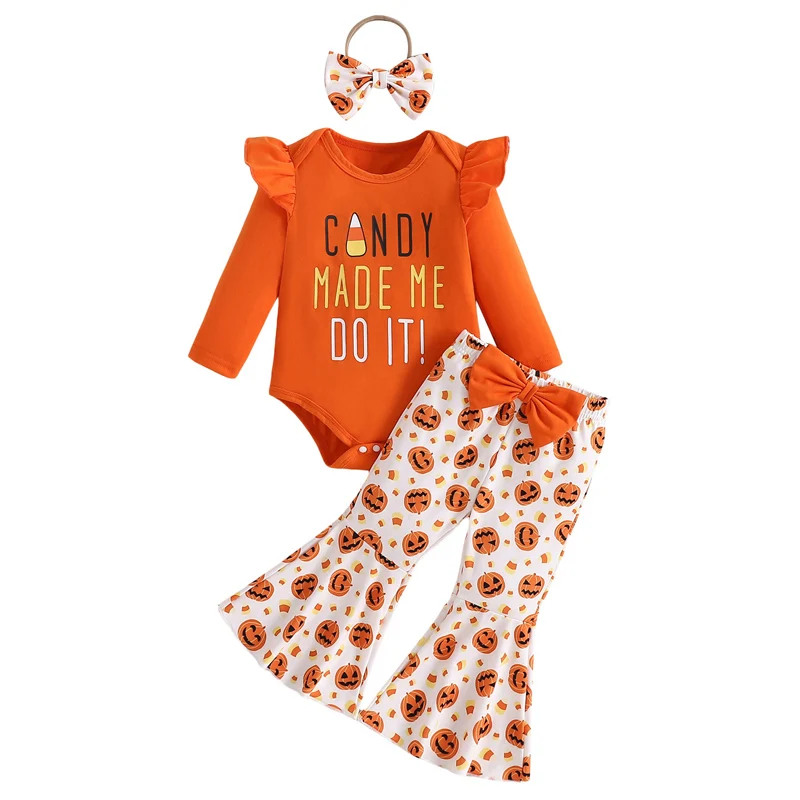 

Baby Girls Halloween Outfits Letter Print Long Sleeves Romper and Pumpkin Print Flared Pants Headband 3 Piece Clothes