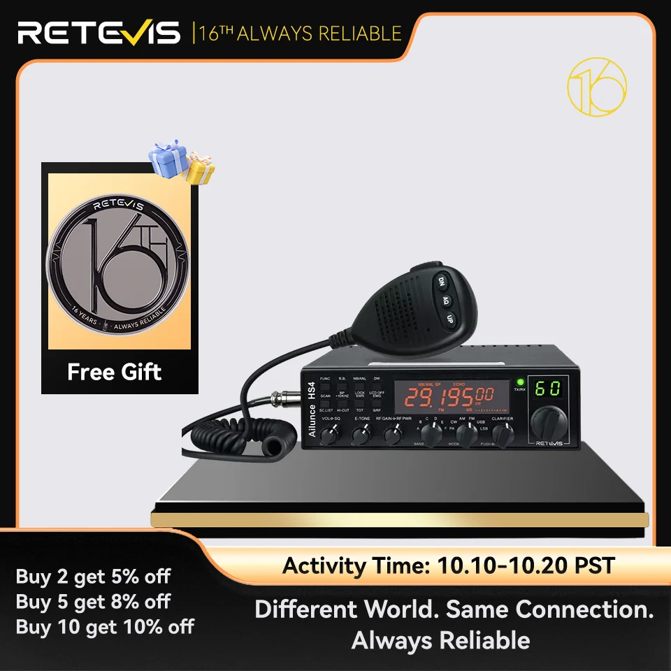 Retevis HS4 10 Meter Ham Radio Long Range Mobile Radio Multi-Mode Switch Dual Watch 6 Frequency Bands Mobile Transceiver