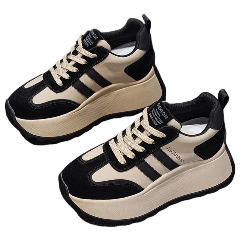 New Thick-soled 8CM Wedge Heels Non-slip Women\'s Casual  Sports Shoes Fashion Round-toed Lace-up Outdoor Hiking Women\'s Sneaker