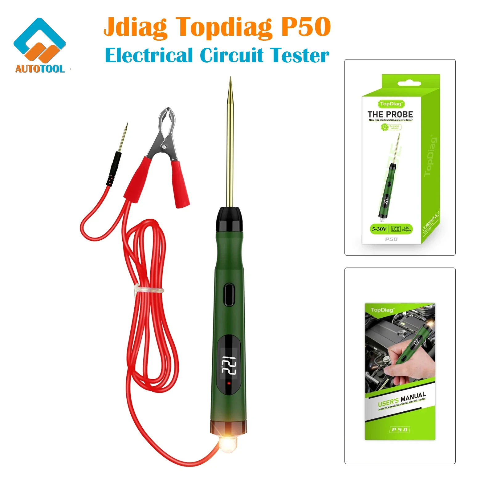 

JDiag P50 Topdiag P50 Car Electrical Circuit Tester Power Probe 5V-30V Digital Display Lamp Voltage Test Pen Auto Repair Tool