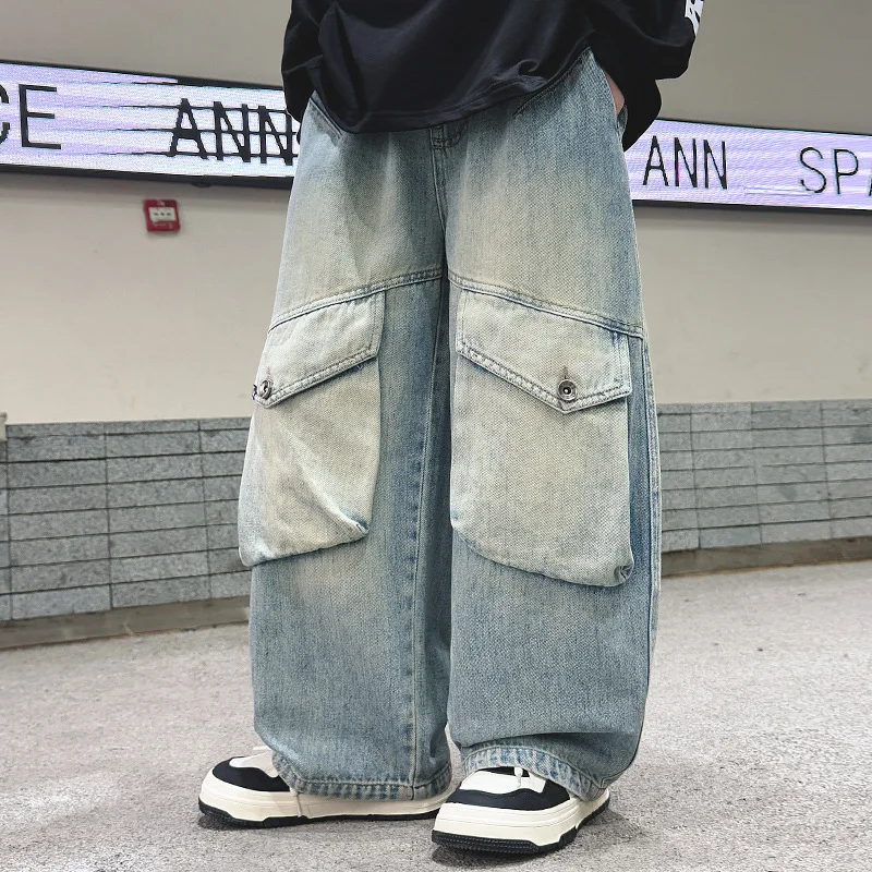 

Новые повседневные детские прямые джинсы-карго с карманами для мальчиков-подростков, модные уличные джинсовые брюки, элегантные брюки для детей-подростков