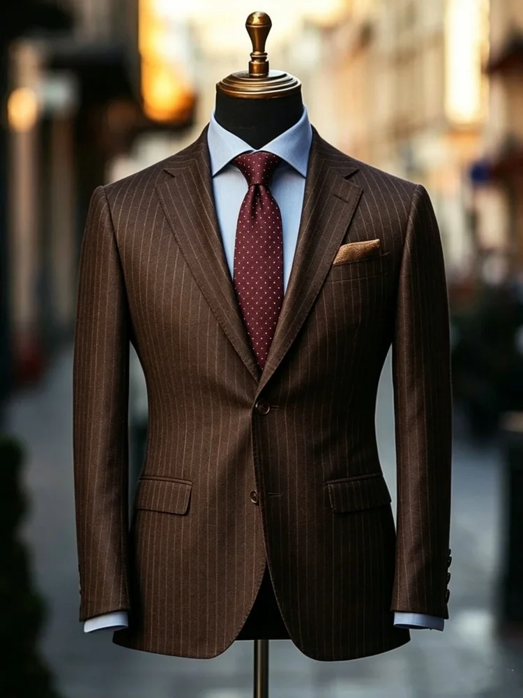 Men's Dark Brown Vertical Pinstripe Blazer Two Button Notched Lapel Slim Fit Suit Jacket Business Wedding Formal Outerwear