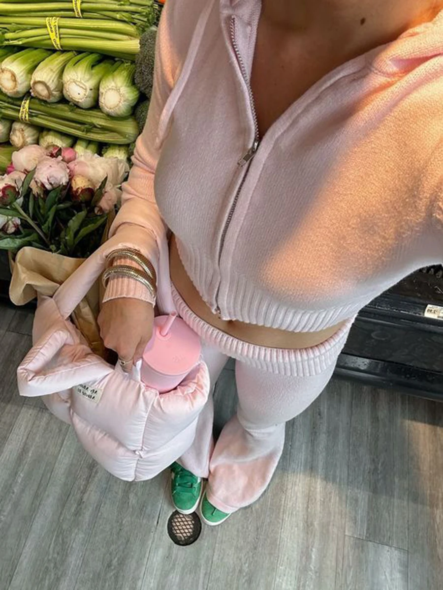 Solid Knitted Slim Cardigan Pant Set Woman Hooded Zip-up Cropped Sweater+Long Flare Pants Sweet Streetwear 2 Piece Sets Y2k