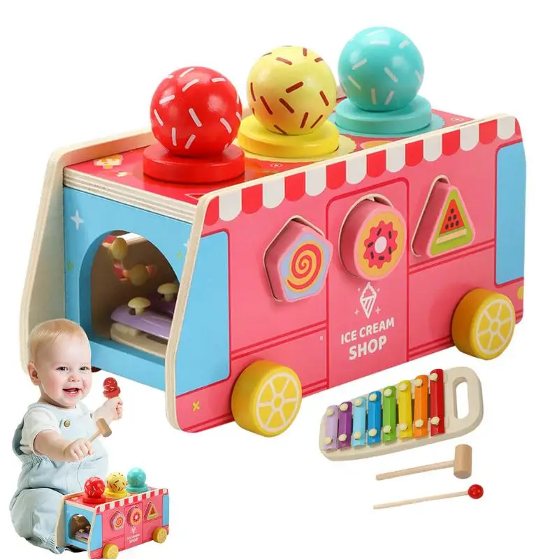 

Ice cream truck Pretend play food and accessories Wooden 5-in-1 toy Multifunctional set Montessori sorting and stacking toys