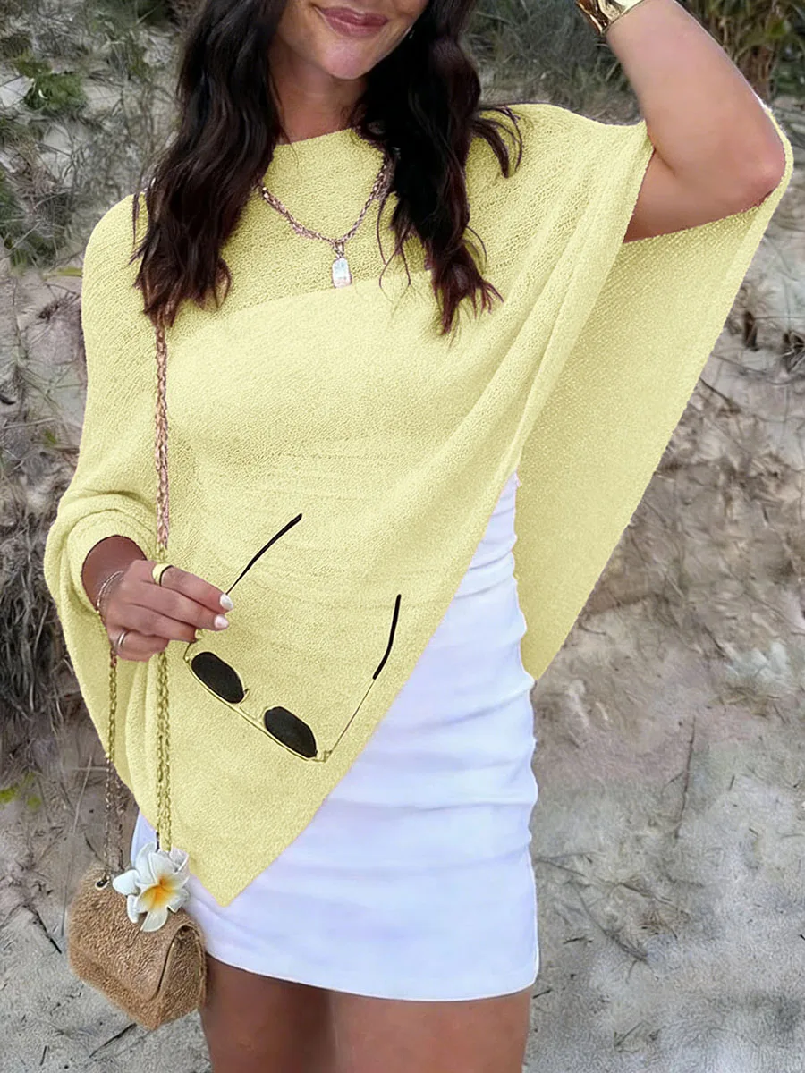 Onecozyday Women's Off Shoulder Asymmetrical Knit Crop Top Irregular Diagonal Hem Poncho Style Textured Knit Casual Short Blouse