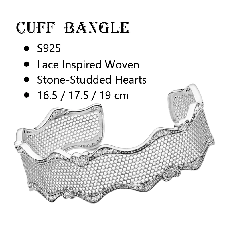 Rigid Wrist Cuff Bracelets Bangles For Women Fine Jewelry 925 Sterling Silver Zircon Stones Woven Lace Stud Hearts 16 17.5 19cm