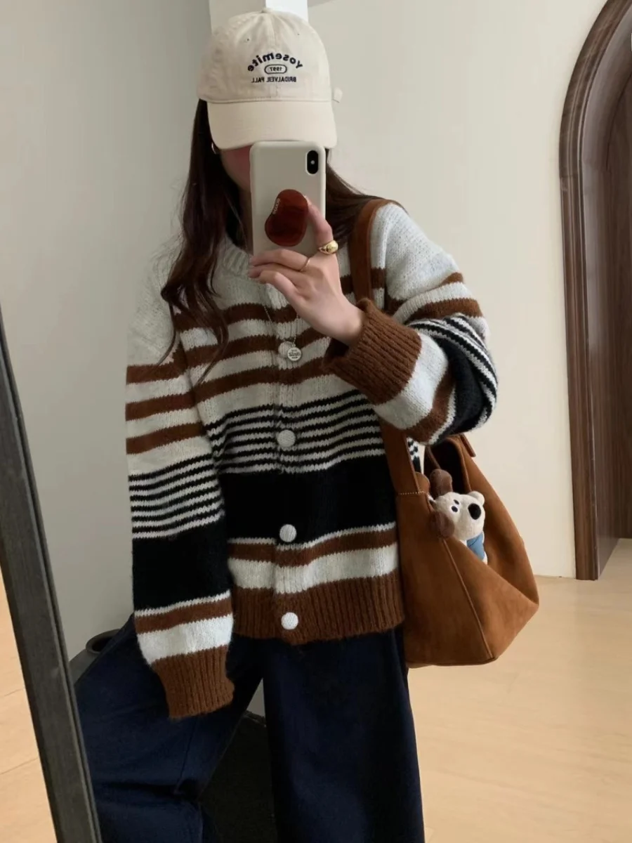 

Вязаный круглый открытый кардиган в полоску Thiened, женский мягкий уютный цветной свитер с блузкой, модный длинный свободный крой для поездок на работу...