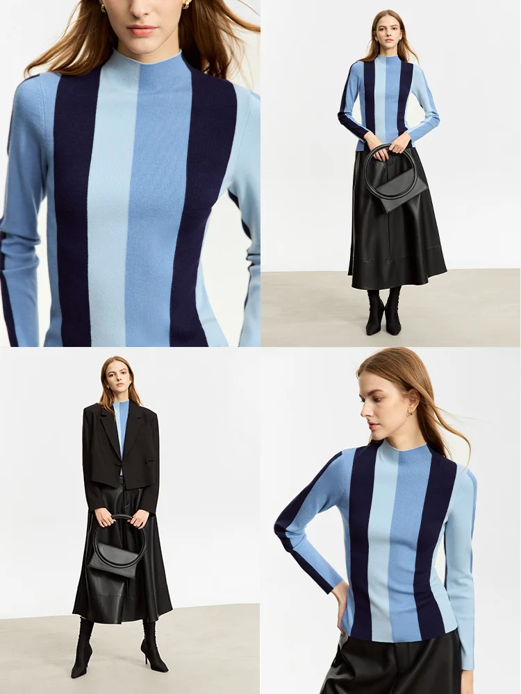 AMII Minimalist Striped Sweater for Women 2023 Winter New Slim-fit Bottom Pullovers Commuter All-match Mock Neck Tops 12324029