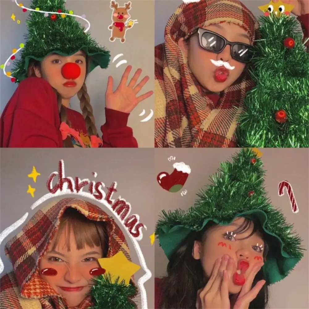 Fancy 2025 Ins Christmas Tree Hat Fabric Rain Silk with Star Girls Xmas Headwear Tinsel Christmas Headband Photo Props