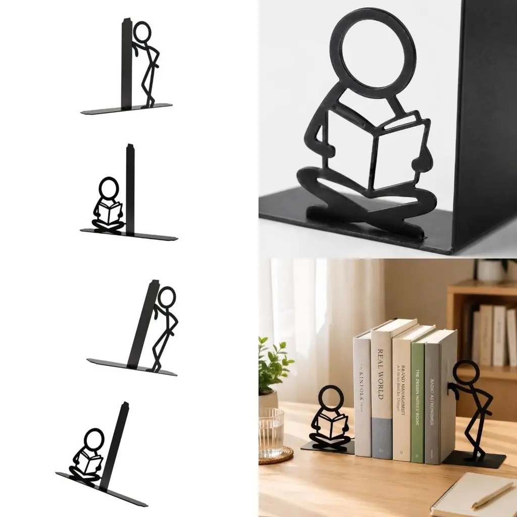 Figure Bookends Set of 2, Black Iron Book Supports with Reader and Standing Figure Poses for Shelves, Desks, Offices, and D2RC