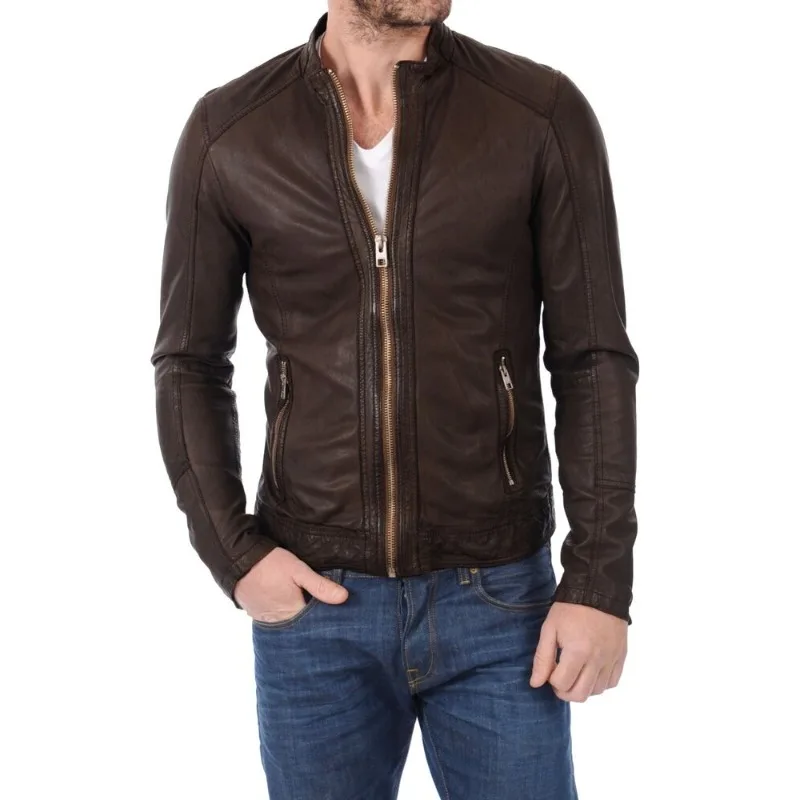 

Brown Men's Leather Jacket Fashionable Handmade Motorcycle Bomber Rider Genuine Sheepskin