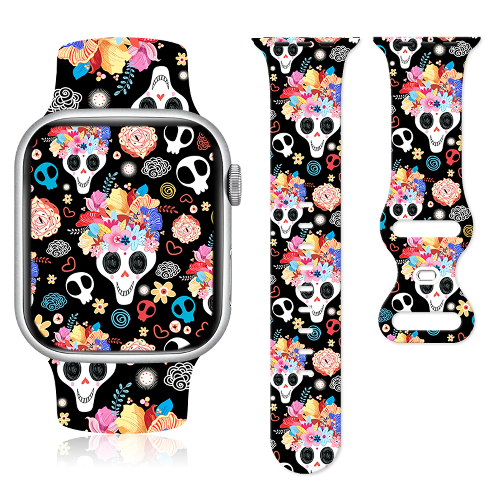 Adorabile cinturino con stampa teschio per Apple Watch serie 10/9/8. Cinturino in morbido silicone compatibile con i modelli iWatch 46mm 44mm 42mm 41mm