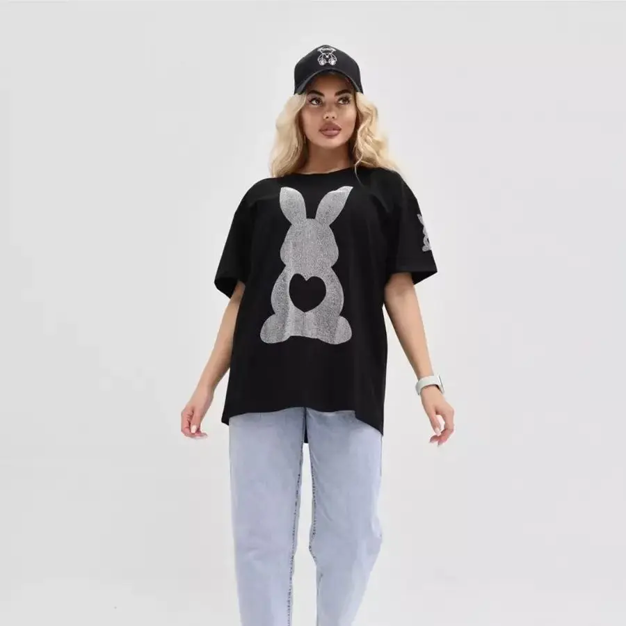 Rabbit Heavy Industry Hot Drilling 100% Cotton Harajuku Oversized T Shirt Women Short Sleeve Casual American Fashion Loose Top