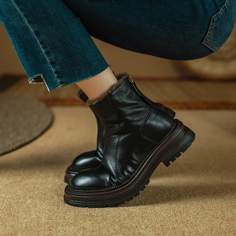 2025 New Genuine Leather Wool Boots Women Slip on Square Mid Heels Warm Winter Boots Handmade Warm Ankle Booties Retro Shoes